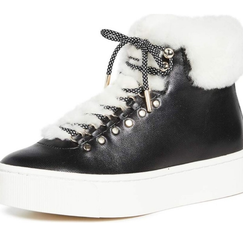 JOIE  Handan Shearling Fur High-Top Platform Sneakers In Black Leather Sz 6